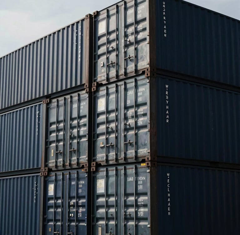 Close-up graphic composition of steel shipping containers stacked in a deep-water port under crisp overcast daylight, high-contrast metallic textures.