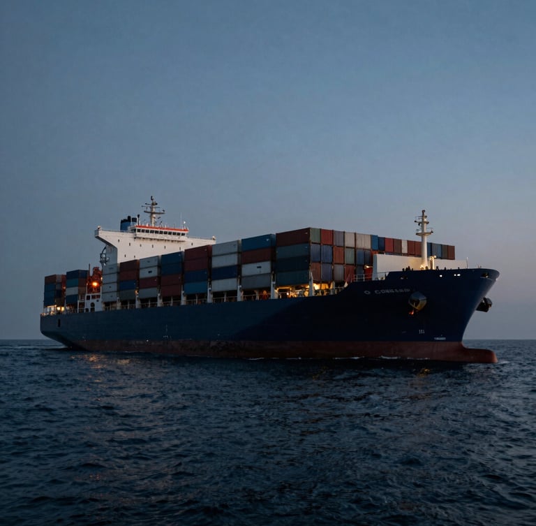 Wide-angle dramatic shot of a massive container ship at sea during twilight, deep navy and steel tones, cinematic industrial photography.