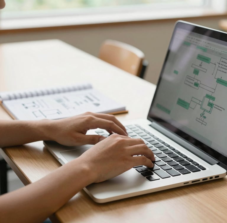 A close-up of a high school student's hands typing on a laptop in a bright classroom, a notebook with hand-drawn flowcharts beside the keyboard, soft natural daylight.