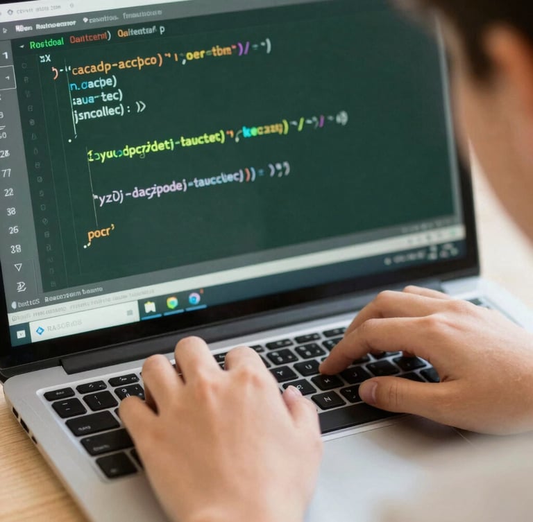 Close-up of a student's hands typing JavaScript code in a browser editor, glowing screen reflections on fingers, soft warm daylight, 35mm lens