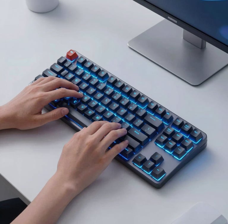 Overhead clean desk layout, hands typing on a modern mechanical keyboard, glowing electric blue ambient backlight, minimalist studio photography, 50mm
