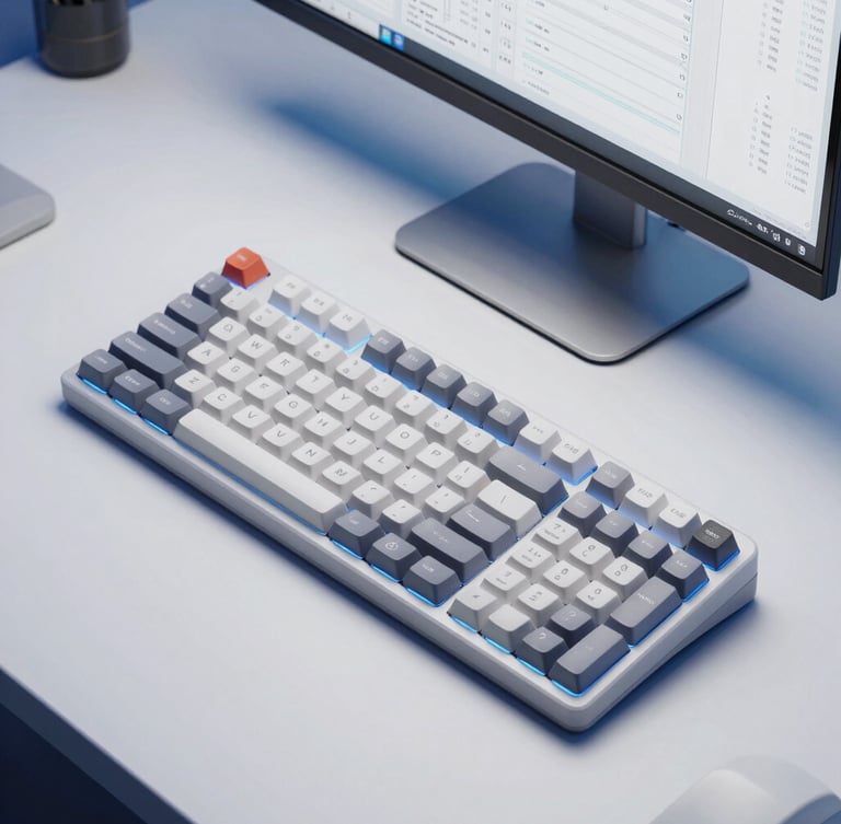 Overhead macro shot of a clean minimalist desk setup with a mechanical keyboard, sleek monitor showing a workflow diagram, cool studio lighting with electric blue ambient glow, 50mm