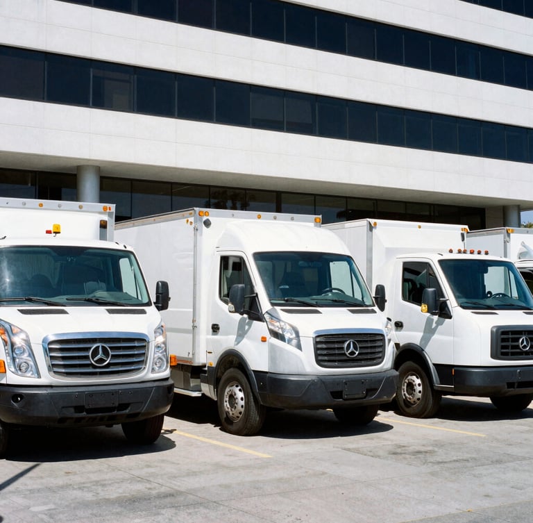 Wide shot of a branded fleet of white construction vehicles (trucks, vans) parked outside a modern office building in San Diego, bright California daylight, crisp shadows, high-contrast cool tones, 35mm