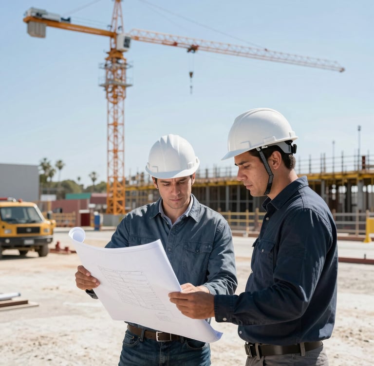 Medium shot of a licensed structural engineer in a hard hat reviewing blueprints with a construction foreman on an active commercial job site, a large crane in the background, bright California daylight, high-contrast.