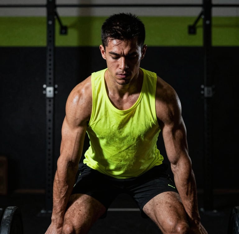 Gritty athletic portrait of a focused athlete preparing to lift, high-contrast gym lighting, deep shadows, vibrant neon green accents, raw action shot on 35mm lens