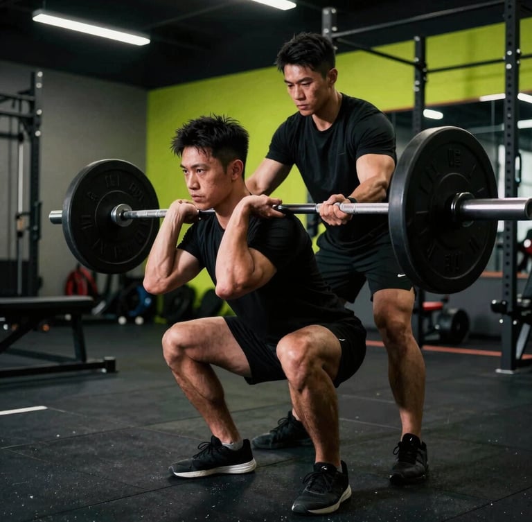 A certified trainer correcting a member's barbell squat form on the gym floor, focused expressions, dramatic high-contrast lighting, raw and authentic