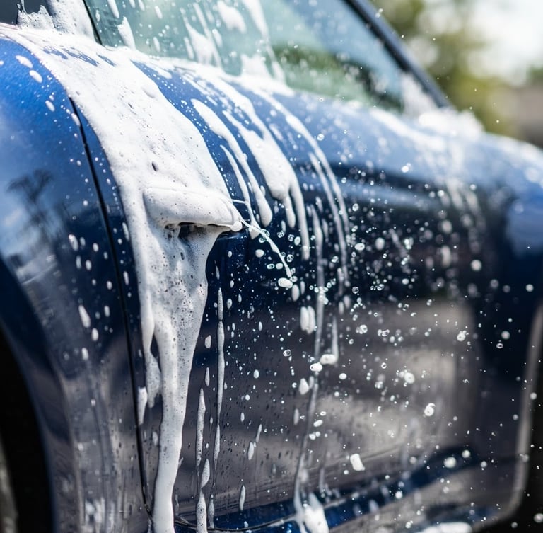 Crisp commercial photography of thick active foam sliding down a clean dark blue sports car panel under bright daylight, capturing high-speed water droplets, 50mm