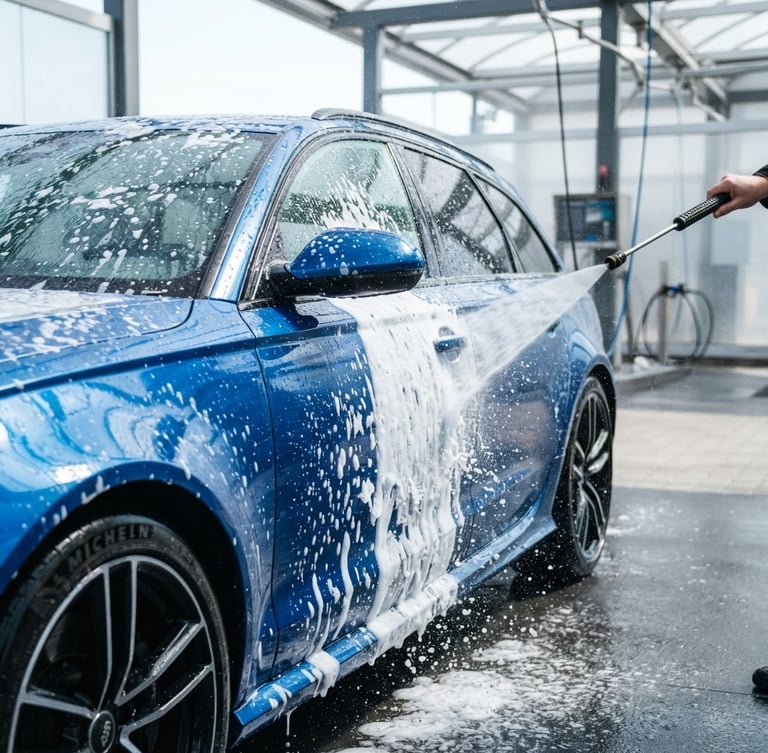 Crisp commercial photography of a modern car wash bay at daylight, thick white active foam sliding down a metallic blue car body, high-speed shutter capturing water droplets, 50mm