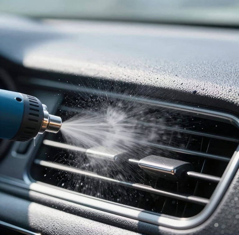 Close-up of a professional air pressure gun blowing dust out of a car air vent, high-speed shutter, water droplets and dust atomizing, bright daylight, 50mm