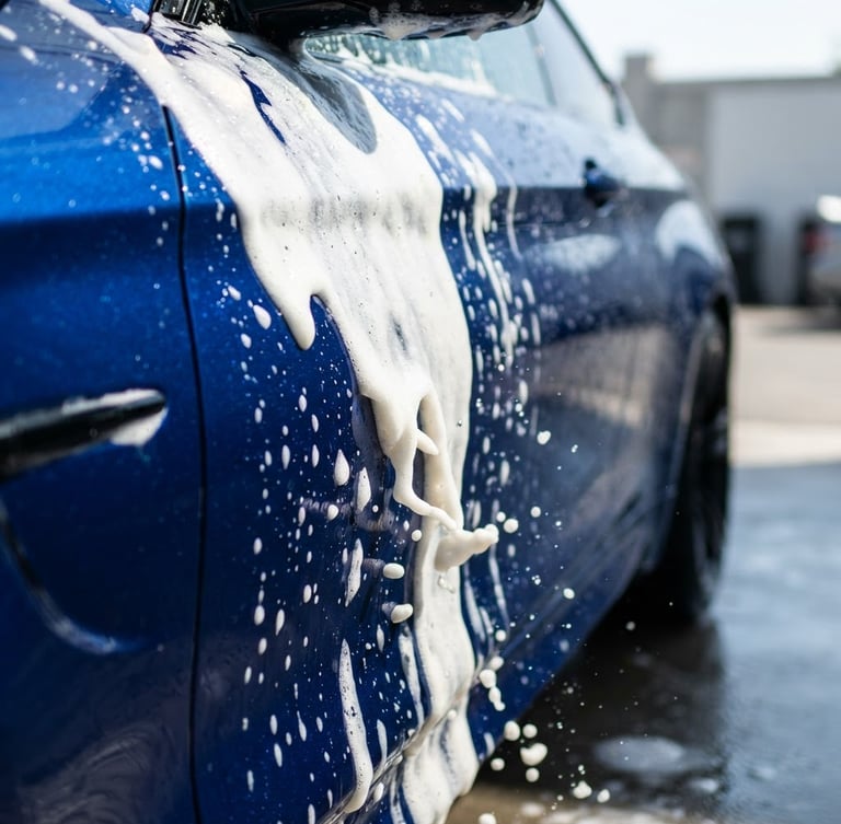 Crisp commercial photography of thick, vibrant white active foam sliding down a deep blue metallic car panel, high-speed shutter capturing water droplets, bright natural daylight, 50mm