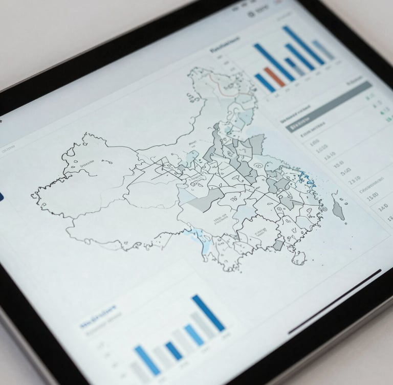 Close-up of a digital tablet displaying statistical charts and maps of electoral zones, cool daylight, clean editorial photography, high-end data visualization, 35mm