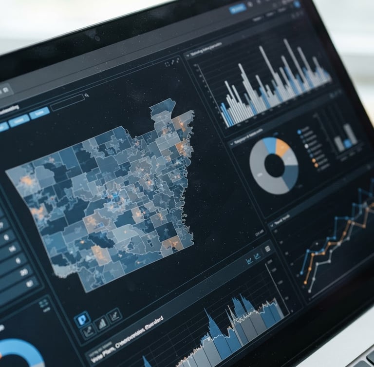 Macro photograph of a clean, modern digital dashboard showing statistical charts and voting maps, bright cool daylight, sharp focus, neutral corporate tones, 35mm