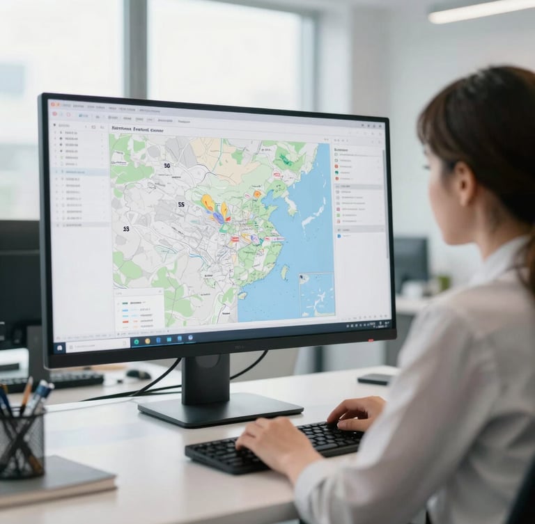 An analyst working in a bright, modern corporate office, looking at geographical mapping software on a large monitor, clean daylight, professional 35mm photography