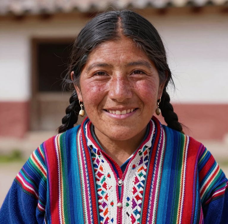Close-up portrait of a smiling Peruvian female artisan in the Andes wearing traditional textiles, bright natural daylight, warm editorial photography, shallow depth of field