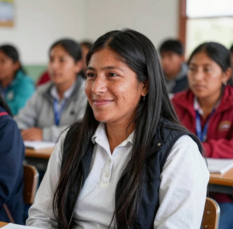 Medium shot of a Peruvian female community leader smiling warmly during an educational workshop, bright natural daylight, shallow depth of field, authentic human moment.