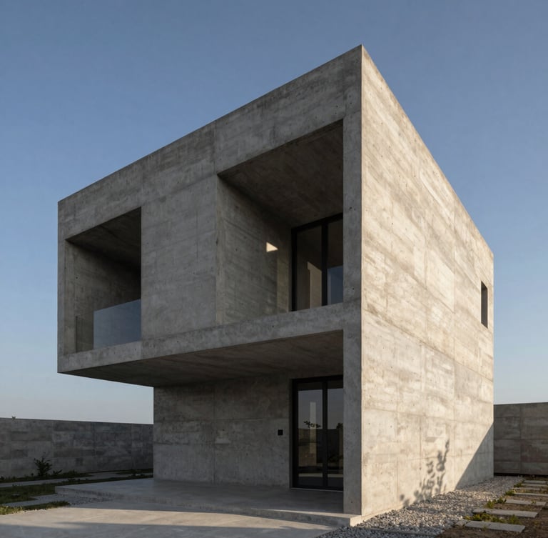 Low-angle architectural photography of a raw concrete monolithic villa under high-contrast afternoon sun, sharp geometric shadows, minimalist Turkish landscape.