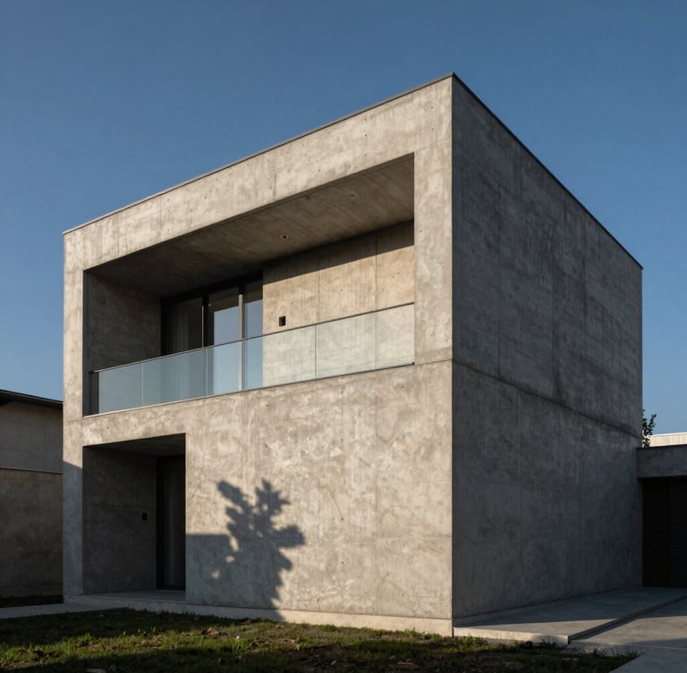 Low-angle architectural shot of a modern raw concrete villa facade under high-contrast afternoon sun, sharp geometric shadows, minimalist Turkish landscape.