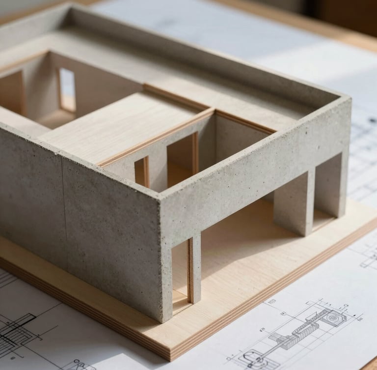 Close-up of a detailed architectural model made of wood and concrete on a technical drawing table, soft daylight highlighting structural alignments.