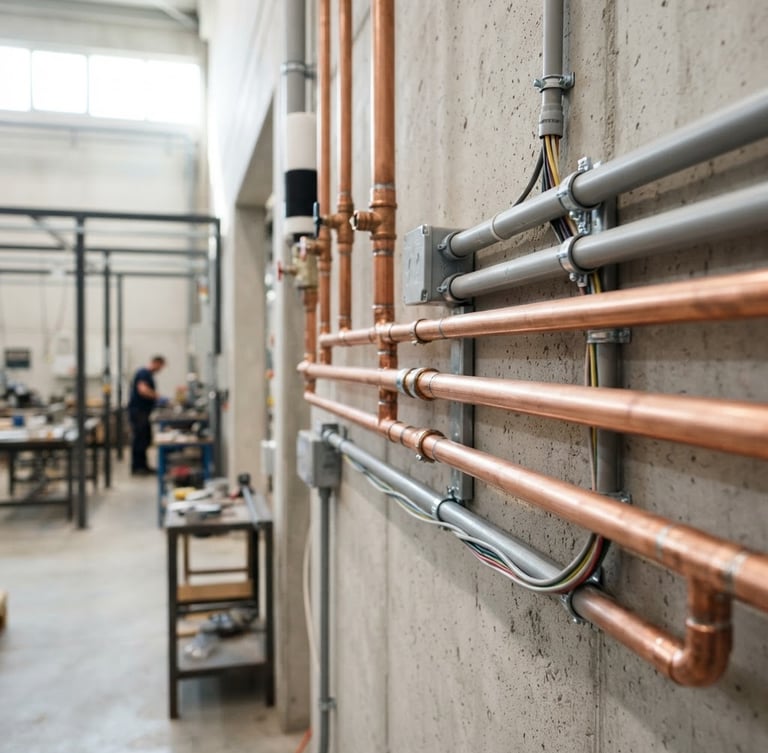Sharp industrial photography of perfectly routed copper pipework alongside clean electrical conduit, bright natural daylight, shallow depth of field, technical precision.
