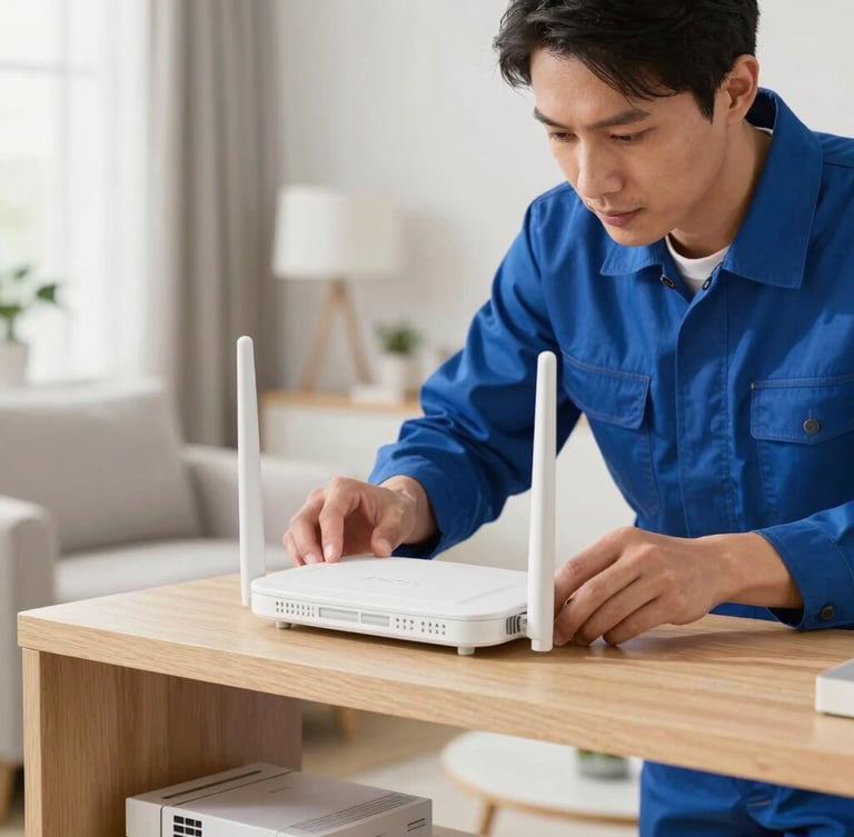 A neat, professional local technician in a blue uniform installing a sleek white fiber optic router on a wooden shelf in a bright, modern living room, soft natural daylight.