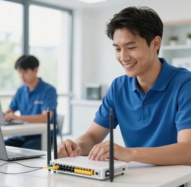 bright editorial photography of a friendly local technician in a blue polo shirt smiling next to a fiber optic router, natural daylight, authentic human moment, soft focus background, 35mm lens