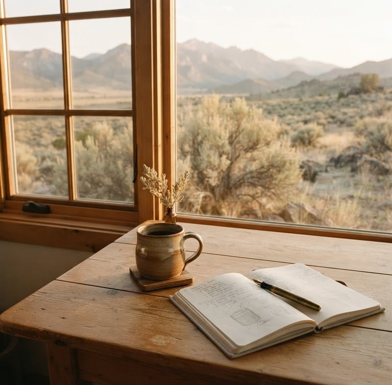 Soft morning light illuminating a quiet wooden desk with a ceramic mug and a simple linen notebook, high-desert sagebrush visible through a window, 35mm photography.