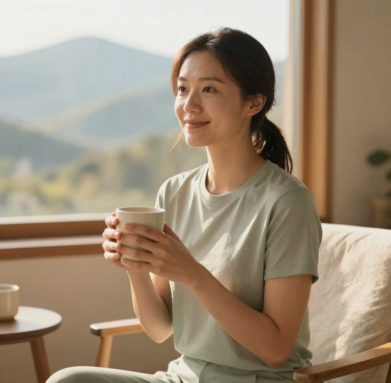 Warm editorial portrait of a wellness coach sitting in a sunlit room with natural wood accents, holding a warm mug, soft focus, 35mm.