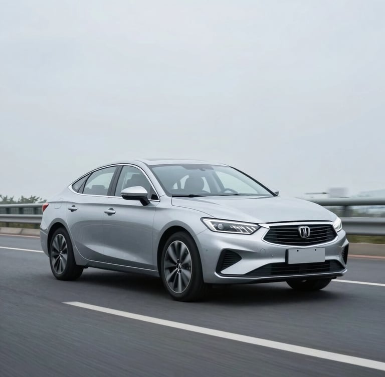 A modern silver sedan driving on a clean highway under bright overcast daylight, cool slate tones, sharp focus, 35mm