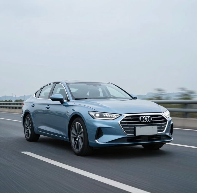 Crisp corporate photography of a modern sedan driving on a clean highway under soft overcast daylight, cool blue tones, 35mm