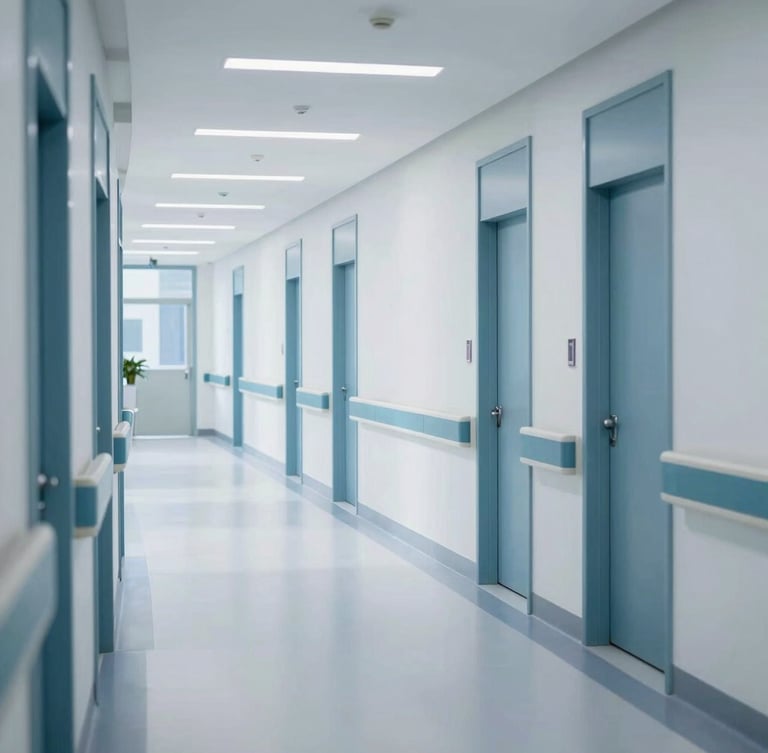 Modern bright hospital hallway with clean architectural lines, soft natural overcast daylight, professional environment