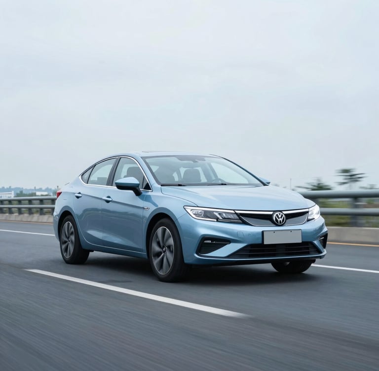 A modern car driving on a clean highway under soft overcast daylight, cool blue and slate tones, sharp focus, 35mm