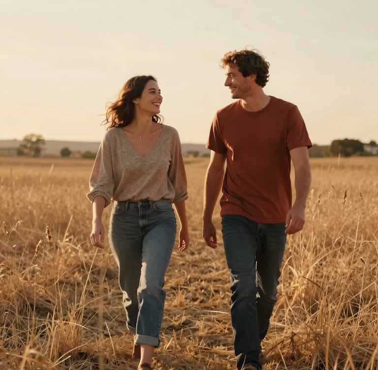 Portrait-oriented cinematic framing of a couple laughing mid-stride in a sun-drenched dry grass field, golden hour light flaring softly, warm terracotta tones, authentic unposed interaction.