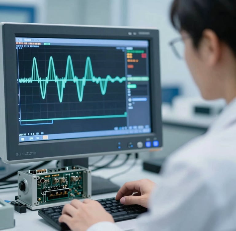Close-up portrait of an industrial electronics engineer, focused on analyzing complex waveforms on a high-resolution oscilloscope screen, with precise, clean laboratory lighting and a cool blue tint.