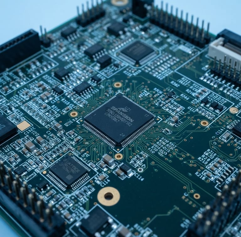 Macro close-up of a densely packed industrial PCB, sharp focus on a specific microchip, cool blue lighting, high depth of field, clean laboratory setting.