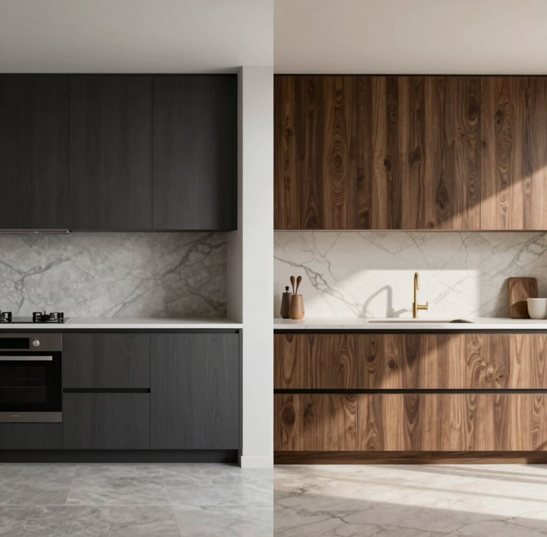 Split-screen architectural visualization. On the left, a photorealistic 3D render of a minimalist kitchen with dark oak cabinetry. On the right, the completed physical kitchen under natural daylight, showing identical wood grain and marble veins.