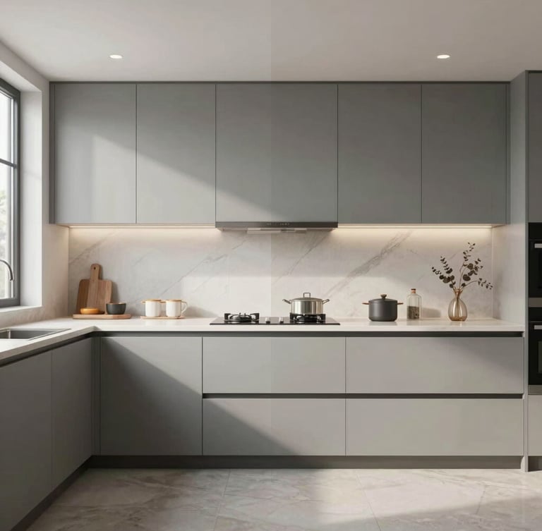 Architectural photography, split screen comparison of a photorealistic 3D render on the left and the finished luxury kitchen on the right, perfect symmetry, 35mm