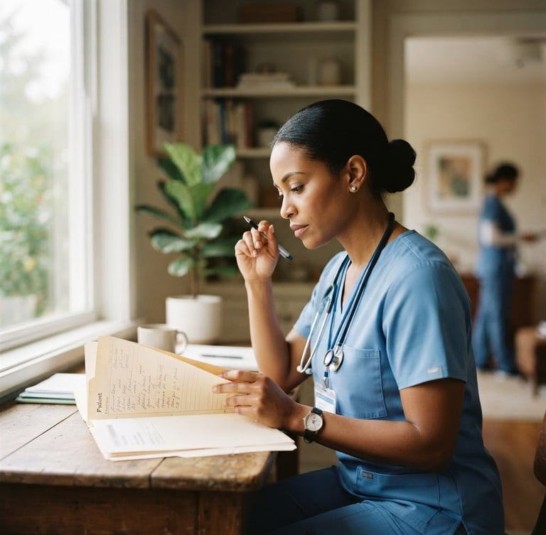 A professional female registered nurse of diverse background in clean clinical scrubs thoughtfully reviewing a patient file by a window with soft natural light, warm editorial healthcare photography, 35mm