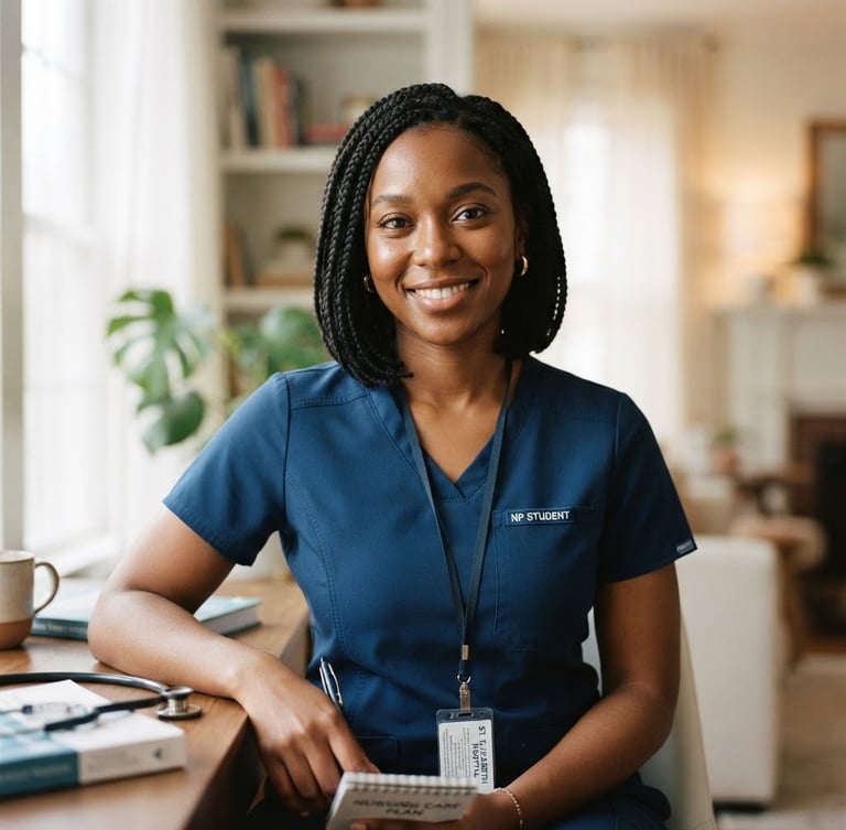 A close-up portrait of a dark-skinned African American female nurse practitioner student in clean, dark blue clinical attire, looking warm and professional, soft natural window light, elegant home background, shallow depth of field, 35mm