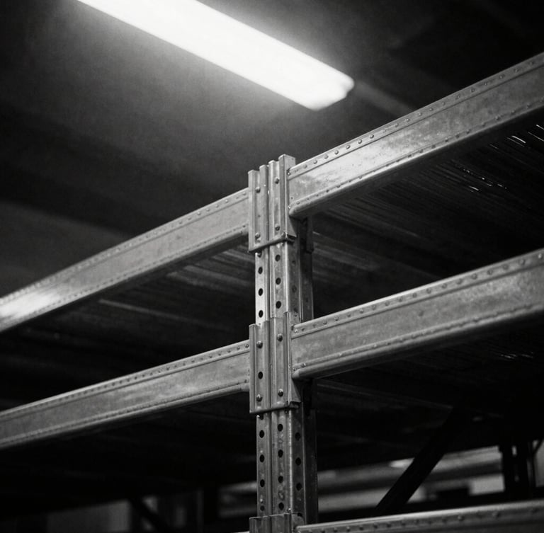 Tight macro shot of heavy raw metal shelving in a dimly lit warehouse, harsh overhead spotlight, deep shadows, 35mm film style
