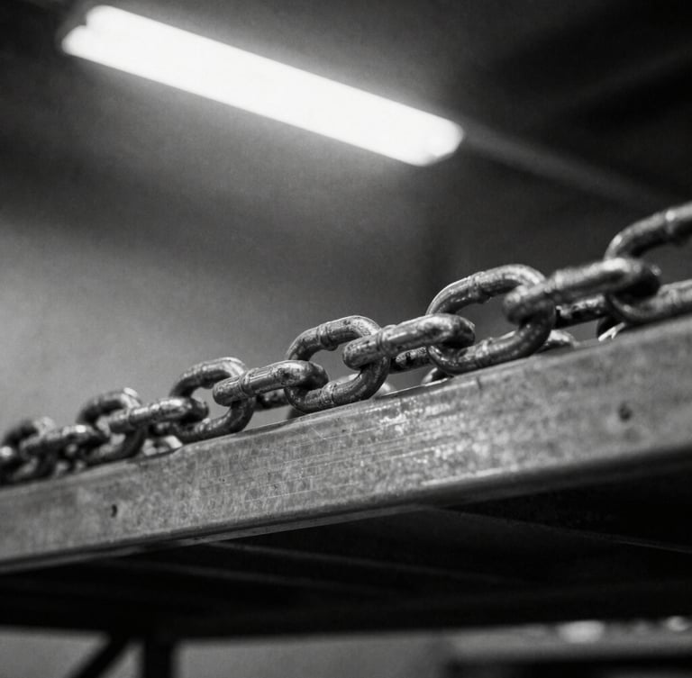 Tight macro shot of raw metal shelving and heavy steel chains in a low-key, high-contrast industrial warehouse, sharp focus, 35mm film