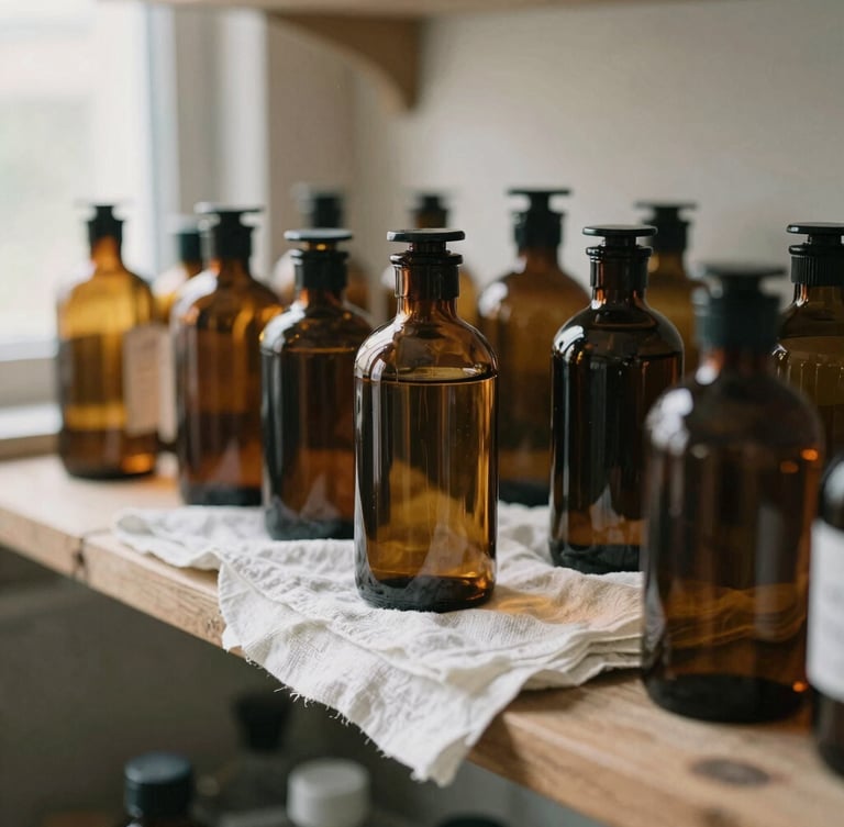 A close-up of amber glass bottles and fresh white linens resting on a rustic wooden shelf in a sunlit studio, warm 35mm photography
