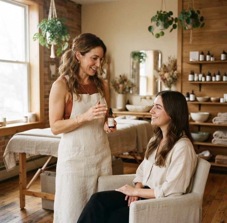Medium environmental portrait of a professional esthetician and hair stylist in a serene, sunlit studio with warm wood accents, 35mm photography
