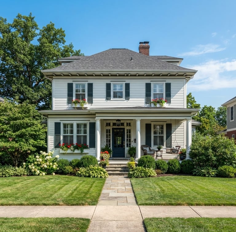 Crisp architectural photography of a classic Northern Kentucky residential exterior in bright natural daylight, clean blue sky, sharp focus, 35mm lens.