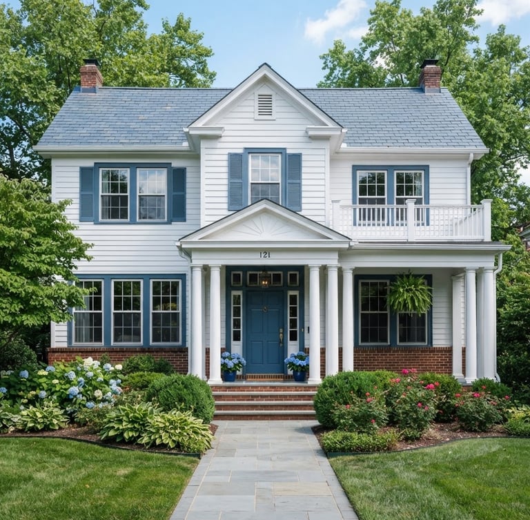 A straight-on eye-level photograph of a classic Northern Kentucky home exterior in bright daylight, clean blue and white tones, sharp focus.