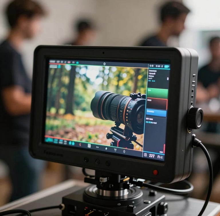 Close-up of a high-end production monitor displaying a vibrant, color-graded scene on set, shallow depth of field, crew blurred in background