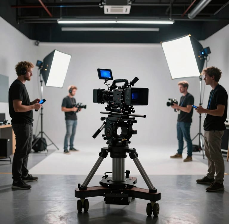 Wide-angle behind-the-scenes photograph of a television crew filming in a modern London studio, high-contrast cinematic lighting with sharp blue key lights, a high-end camera rig on a dolly in the foreground.