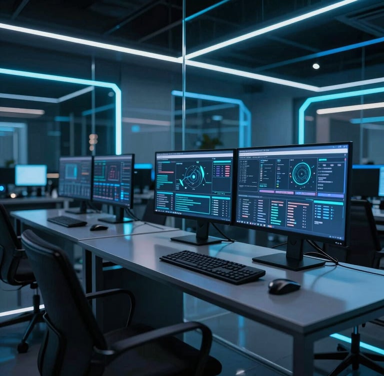 Wide shot of a high-end workspace with multiple monitors displaying data visualizations, sharp neon-blue light reflecting off glass surfaces, ultra-modern tech aesthetic, 35mm lens.