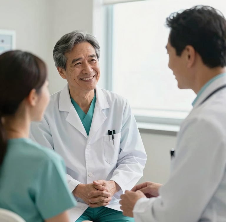 Médico urologista profissional em seu consultório moderno, sorrindo e conversando com empatia com um paciente de meia-idade, iluminação natural suave vinda da janela.