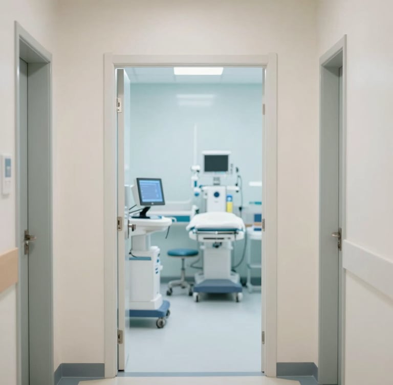 A modern, clean clinical corridor with soft natural daylight filtering in, high-tech medical equipment visible through a glass door, professional and reassuring atmosphere.