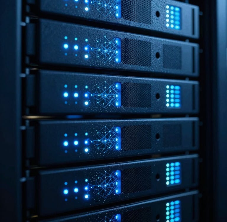 Close-up macro shot of dark blue server racks with glowing electric cyber-blue LED indicator lights, high-contrast digital network node, 35mm photography